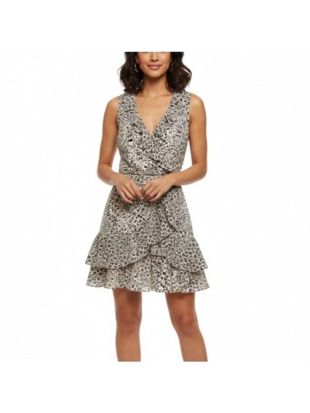 Parker Size S Beige Black Leopard Animal Print Sleeveless Ruffle Mini Wrap Dress